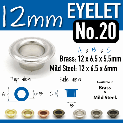 12mm No20 Eyelet - in Brass or Steel